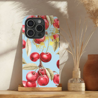 Coque Case-Mate iPhone Rouge chic, bleu pastel et fruits de cerise d'or