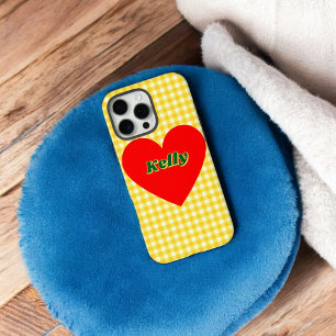 Coque iPhone 16 Pro Max Rouge Coeur Jaune En vichy mignonne Saint Valentin