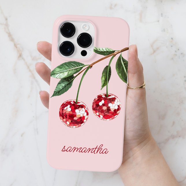 Coques Case-Mate iPhone Rouge Élégant Cerise Nom de Script Personnalisé Ro (Elegant Red Cherry Personalized Script Name Pink Case-Mate iPhone Case)