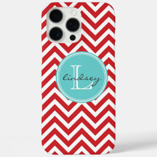 Coque iPhone 16 Pro Max Rouge et Aqua Chevron avec Monogramme personnalisé