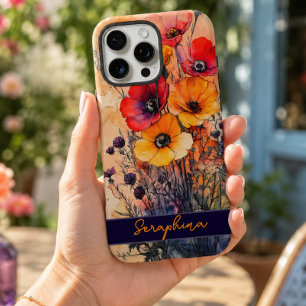 Coque iPhone 16 Pro Max Rouge et Jaune Coloré Fleur Sauvage Personnalisé