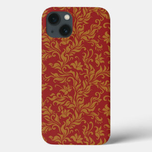 iPhone 13 Coque Rouge et motif floral d'or