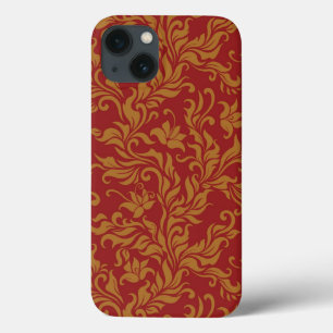 iPhone 13 Case Rouge et motif floral d'or