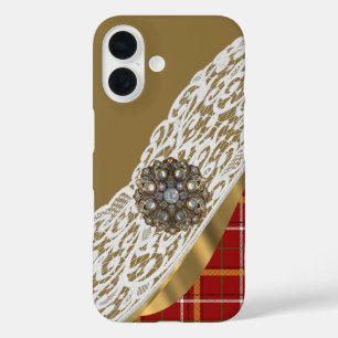 Coque Pour iPhone 16 Rouge et or tartan plaid et dentelle