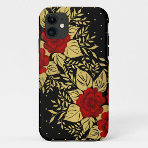 Coque iPhone 11 rouge, faux, or, roses, motif, chic, élégant,