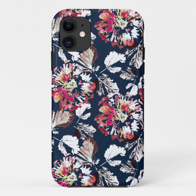 Coques Case-Mate iPhone Rouge, fleurs blanches sur bleu. (Dos)