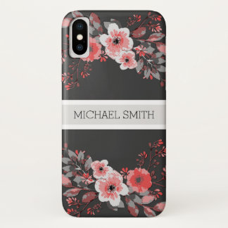 Coque iPhone X Rouge Floral Élégant Monogramme moderne Jet