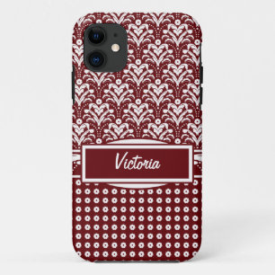 Coque Case-Mate iPhone Rouge foncé et blanc Floral Art Déco Damask