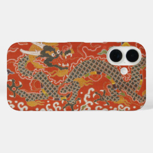 Coque Pour iPhone 16 Rouge Impérial & Motif de Soie de Dragon Noir