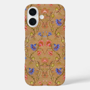 Coque Pour iPhone 16 Rouge Impérial & Or Broderie Florale en Soie