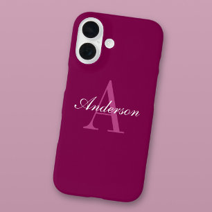 Coque Pour iPhone 16 Rouge Magenta élégant, rose et blanc nom et monogr