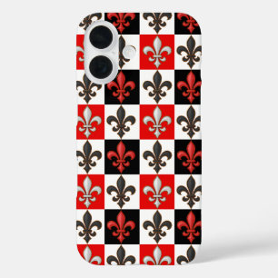 Coque Pour iPhone 16 Rouge Noir Blanc À damiers Fleur de lis Design