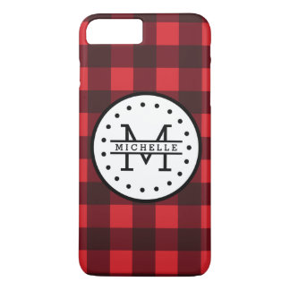 Coque iPhone 8 Plus/7 Plus Rouge noir Buffalo Plaid Nom de la sériole Monogra