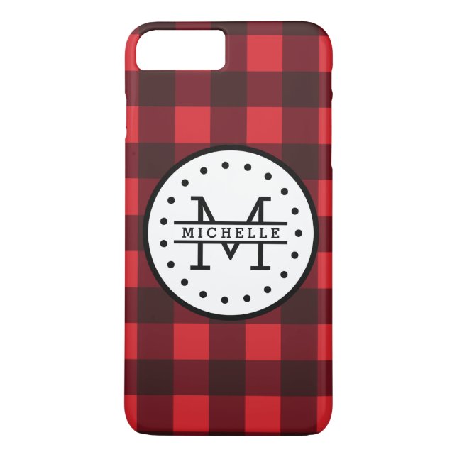 Coques Case-Mate iPhone Rouge noir Buffalo Plaid Nom de la sériole Monogra (Dos)
