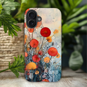 Coque Pour iPhone 16 Plus Rouge Orange et Abstrait Floral Teal Nom