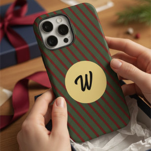 Coque iPhone 16 Pro Max Rouge Rétro & Rayures Vertes Monogramme Cercle Dor