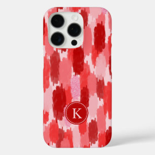 Coque iPhone 16 Pro Rouge rose Abstrait brosses Motif Monogramme