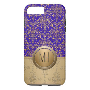 Coque iPhone 7 Plus Royal Blue et Gold Damask Custom Monogram Motif