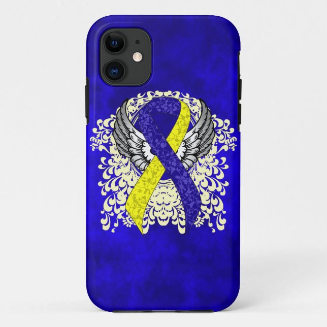 Coques Case-Mate iPhone Ruban de sensibilisation bleu et jaune avec ailes (Dos)