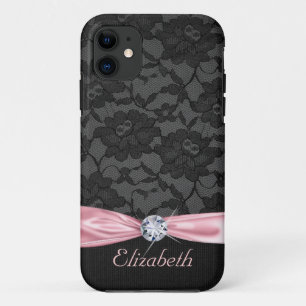 Coques Pour iPhone Ruban et diamant noirs élégants de satin de rose