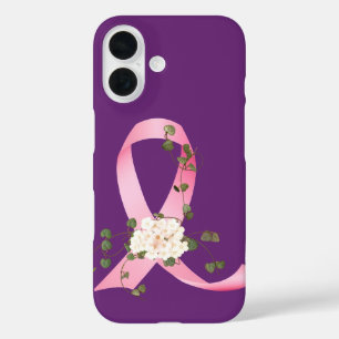 Coque Pour iPhone 16 Ruban rose avec lierre sur violet