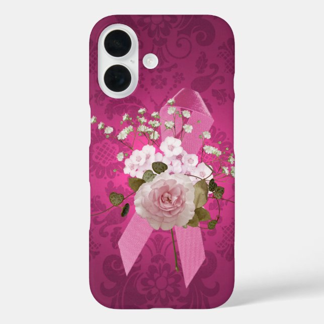 Coques Case-Mate iPhone Ruban rose sur Damas magenta (Verso)