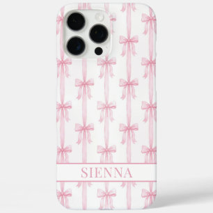 Coque iPhone 16 Pro Max Rubans Coquette Rose Monogrammés Rayés
