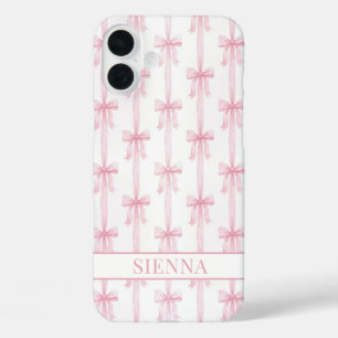 Coque Pour iPhone 16 Plus Rubans Coquette Rose Monogrammés Rayés