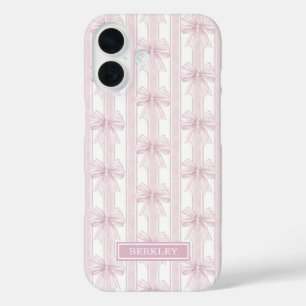 Coque Pour iPhone 16 Rubans Coquette Roses sur Monogramme à Rayures