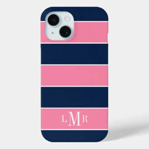 Coque Pour iPhone 15 Rugby à XV rose et bleu 3 Lettre Monogramme
