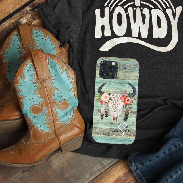 Coques Case-Mate iPhone Russe Ouest Turquoise Bois Vache Monogramme crâne (Créateur téléchargé)