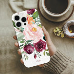 Coque iPhone 16 Pro Max Rustic Watercolor Botanical with Monogram<br><div class="desc">Beautifully feminine with rustic charm, this colorful botanical design features a bouquet of watercolor roses, mixed flowers and greenery in a trendy color scheme of burgundy, pink and russet orange with trailing greenery. A text template is included to personalize this design with your desired monogram initials, name or other text...</div>