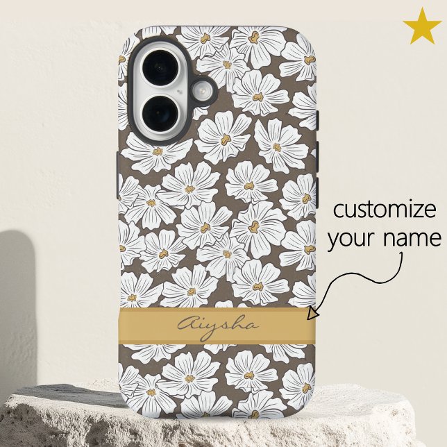 Coques Case-Mate iPhone Rustic White Flower Sketch Yellow Gray Custom Name (Créateur téléchargé)