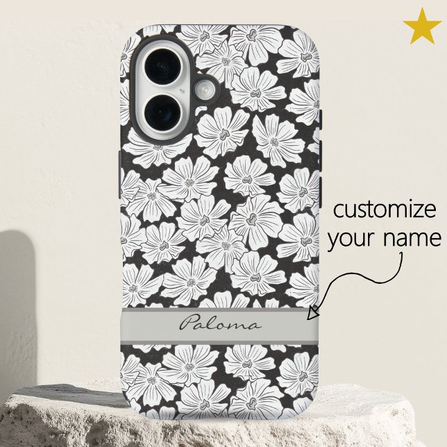 Coques Case-Mate iPhone Rustic White Flowers Sketch Black Gray Custom Name (Créateur téléchargé)