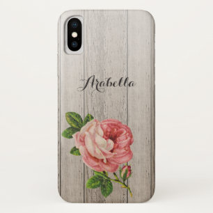 Coque iPhone X Rustique Bois Patiné Rose Vintage Avec Nom