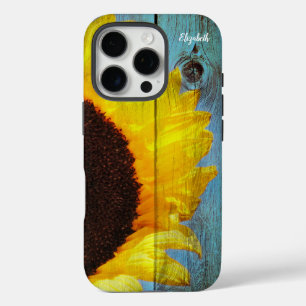 Coque iPhone 16 Pro Rustique Tournesol Turquoise bois personnalisé
