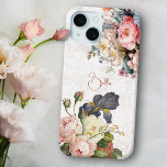 Coque Case-Mate iPhone Rustique Vintage Personnalisé Roses & Iris<br><div class="desc">De beaux pulvérisateurs intemporels et élégants de roses roses artistiques et blanches,  des pivoines et des iris à barbe violet au feuillage délicat. Inclut un champ de texte modifiable pour votre personnalisation et un arrière - plan de texture blanche antique légèrement en détresse.</div>