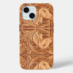 Coque Pour iPhone 15 rustique western country cuir cheval équestre