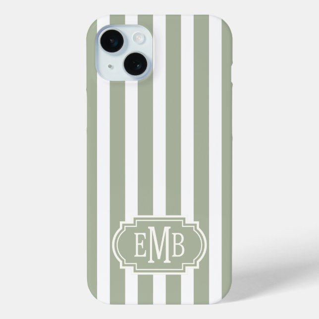 Coques Case-Mate iPhone Sage Green and White Monogrammed Stripes (Verso)