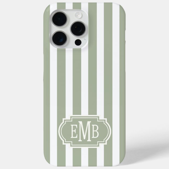 Coques Case-Mate iPhone Sage Green and White Monogrammed Stripes (Verso)