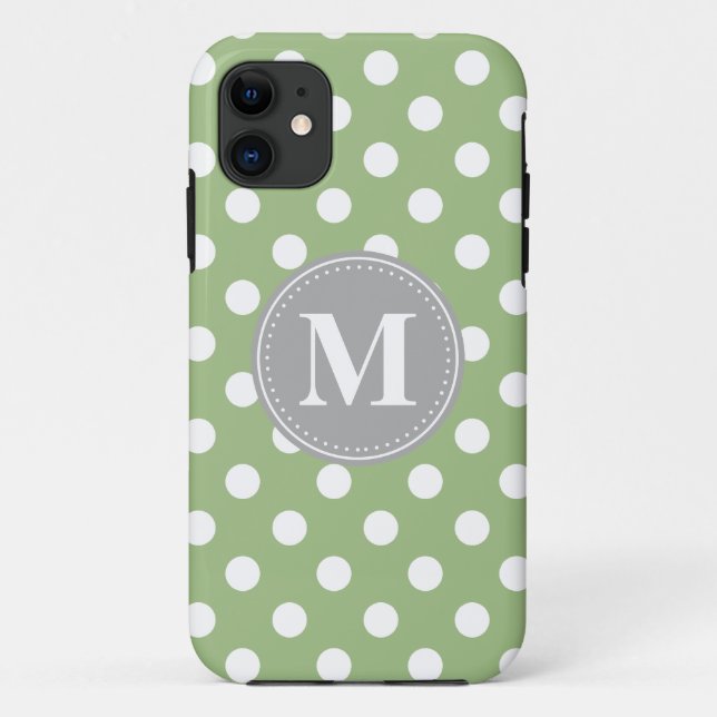 Coques Case-Mate iPhone Sage vert et blanc Pois gris Monogramme (Dos)