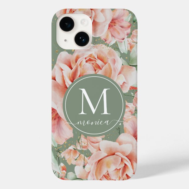 Coques Case-Mate iPhone Sage Vert Floral Aquarelle Rose Motif Monogramme (Verso)