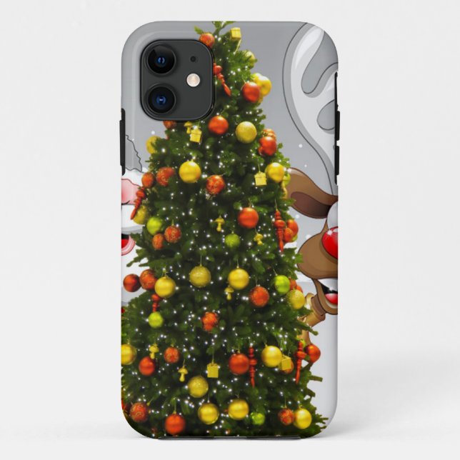 Coques Case-Mate iPhone Santa claus and reindeer behind a christmas tree.j (Dos)