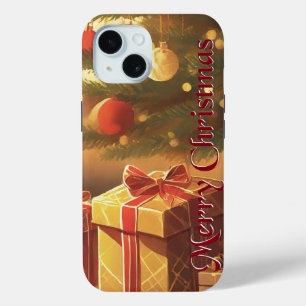 Coque Case-Mate iPhone Sapin de Noël avec des cadeaux dorés