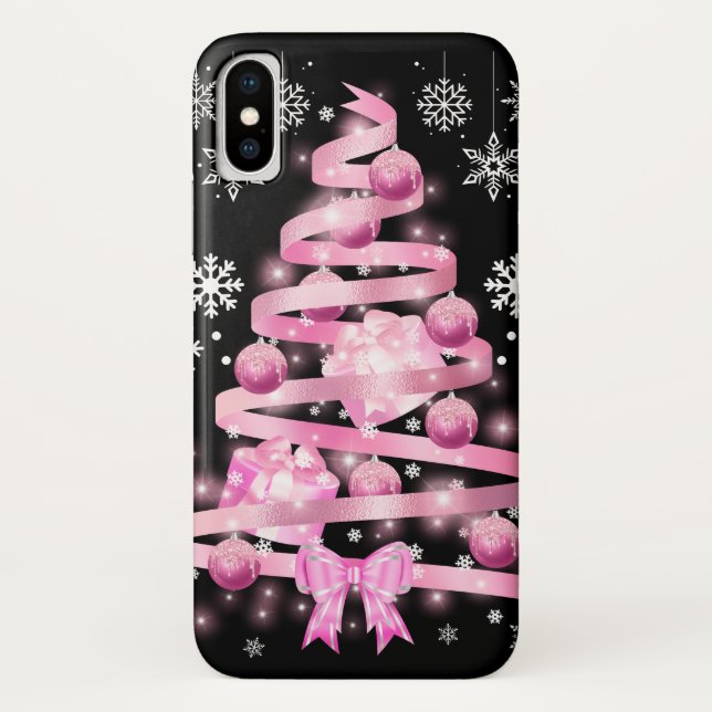 Coques Case-Mate iPhone Sapin de Noël Ruban Rose Clair Flocon de Neige Bla (Dos)