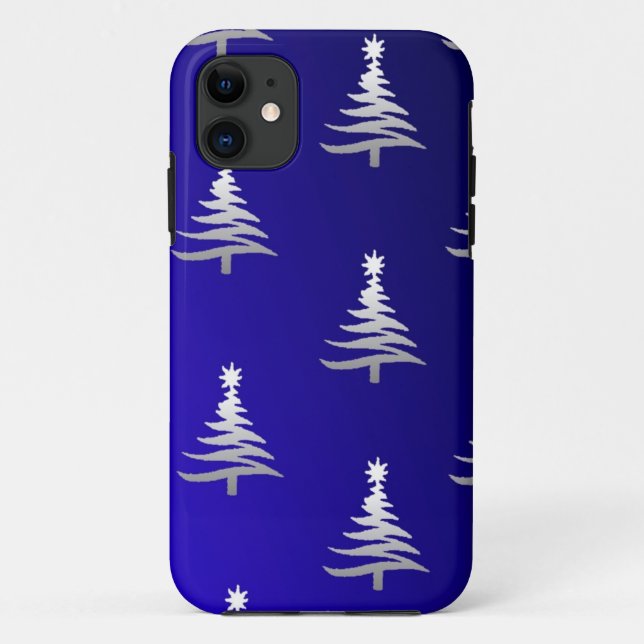 Coques Case-Mate iPhone Sapins de Noël Argent sur Bleu Cobalt (Dos)