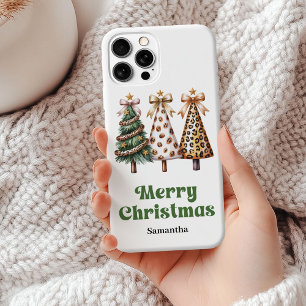 Coque Case-Mate iPhone Sapins de Noël motif léopard chic avec nom personn