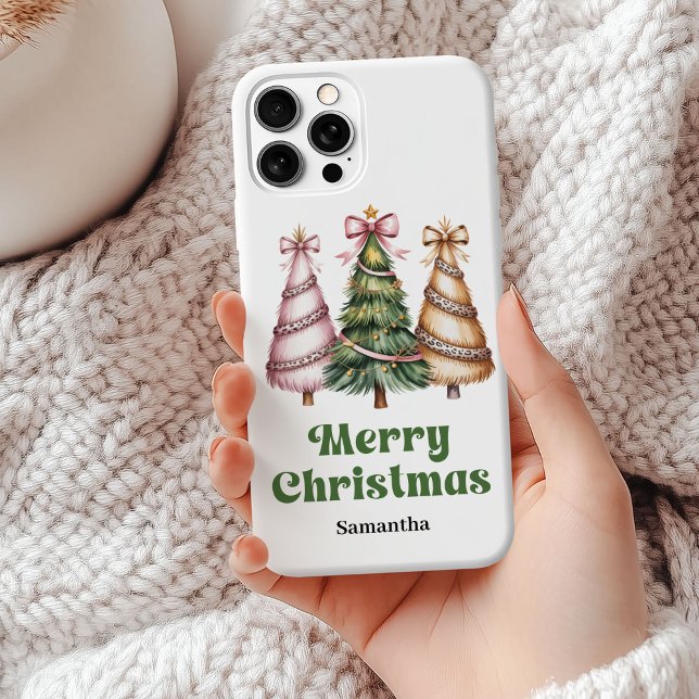 Coques Case-Mate iPhone Sapins de Noël motif léopard luxe nom personnalisé (Luxury leopard pattern Christmas trees custom name case)