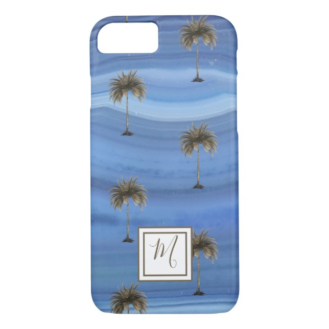 Coques Case-Mate iPhone Sapphire Bleu Élégant Palmier Tropical Monogramme (Dos)