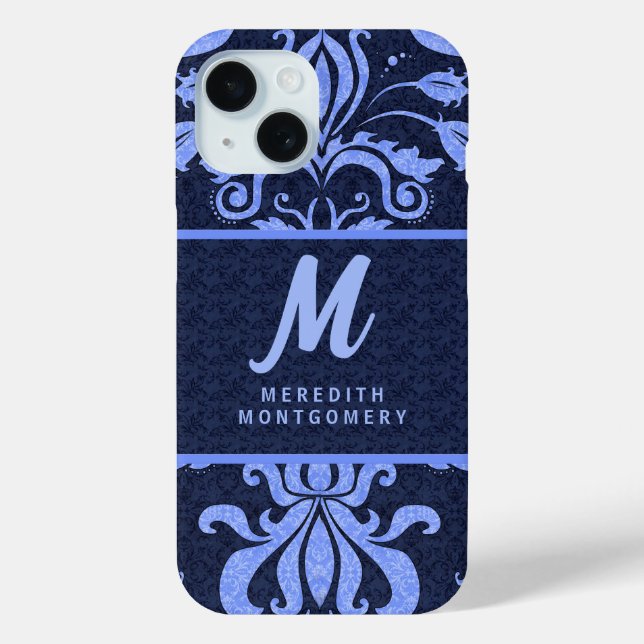 Coques Case-Mate iPhone Sapphire Blue Damask Fils avec Monogramme (Verso)